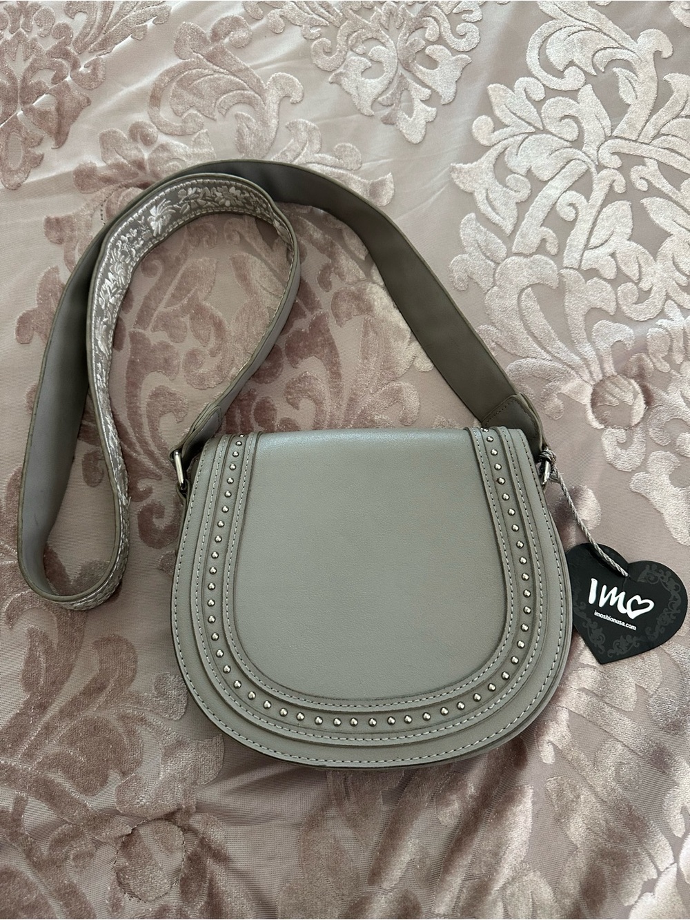 Gray Studded Crossbody Saddle Bag